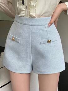 DAZY Pantalones cortos de mujer de unicolor con diseño de botones de metal, de estilo suelto y de moda - Celeste - Ver 4