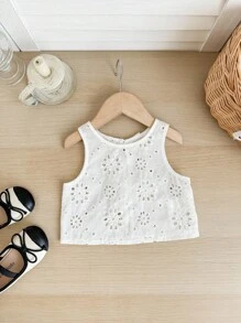 SHEIN LMoss Kids Babygirl 可爱夏季休闲百搭白色花卉刺绣吊带背心 - 白色 - 查看 3