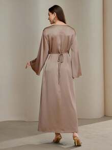 Veilorie Women's Elegant Solid Color Wrap Around Dress - Mocha Brown - View 3