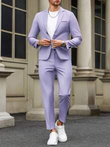 Calvornis 男士纯色夹克和裤子套装，老钱风格 - 淡紫色 - 查看 5