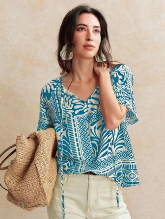 Écloséra 法式复古印花仿亚麻H版系带女式衬衫