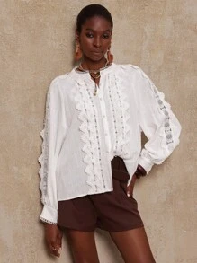 Lumalex VITNOS 2025 Autumn/Winter New Luxury Bohemian Vintage Casual Fashion White Lace Patchwork Long Sleeve Blouse, Suitable For Easter, Music Festivals, Halloween, Back To School, Daily Outings, Parties