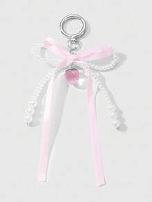 ROMWE Kawaii 1pc Elegant, Delicate, Minimalist High-End Handmade Beaded White Faux Pearl, Pink Ribbon Bow, Resin Strawberry DIY Keychain, Bag Charm, Suitable For Women, Daily Wear, Holiday Gift - Pink - View 1