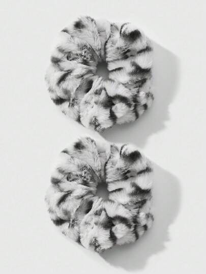 Kawaii 2pcs Retro Chic Fashionable High-Quality Black & White Leopard Print Fluffy Scrunchies Set, Versatile Combo Suitable For Women, Daily Wear Or Gift