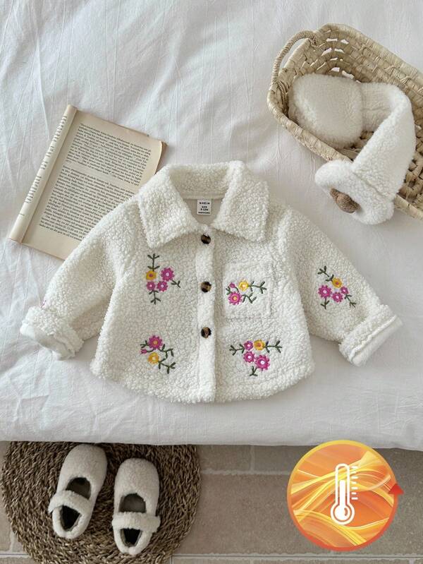 SHEIN Baby Mädchen Dicke Fleece Jacke mit bestickter Blumen Kragen, Langarm, Herbst/Winter