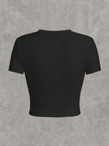 Slaydiva Casual LA Hand Gesture Pattern Round Neck Short Sleeve Cropped Tight Fit Women T-Shirt, Suitable For Summer Suitable For Going Out - Black - View 4