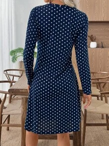 SHEIN LUNE Women's Navy Blue Polka Dot Short Dress,Elegant Autumn Casual Everyday Work Dresses For Women,Office Outfits,Birthday Modest Autumn Winter Clothes - Navy Blue - View 2
