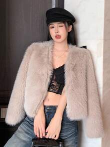 DAZY 修身时尚又充满活力的百搭蓬松女式外套 - 卡其色 - 查看 5