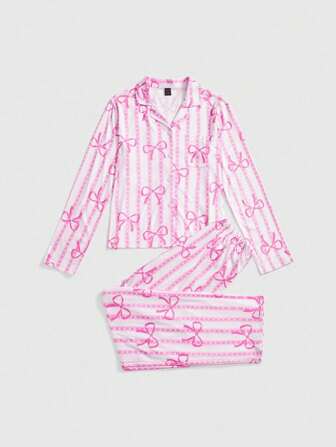 Kawaii Cute Ribbon Striped Bow Long Sleeve Pajama Set