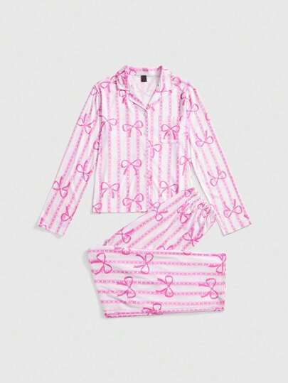 Kawaii Cute Ribbon Striped Bow Long Sleeve Pajama Set