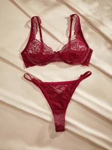 SHEIN Set de lencería con encaje floral con aro - Burdeos - Ver 6