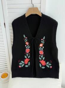SHEIN EZwear Plus Size Women Floral Embroidery Front Tie Knit Vest Autumn Winter Clothes For Women - Black - View 4