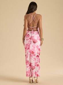 xheSHEIN  Vestido con estampado floral, dobladillo con volantes en capas, elegante atuendo casual de playa y fiesta de verano para mujerxhe - Rosa - Ver 3