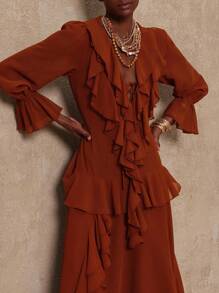 Lumalex VITNOS Thu/Đông Cao cấp mới Bohemian Vintage thanh lịch cà phê voan dài tay nhiều lớp nhún bèo eo không đối xứng viền váy dài cho nữ, thích hợp cho buổi hòa nhạc, hẹn hò, đám cưới, tiệc tùng, sinh nhật, kỳ nghỉ - Rỉ Nâu - Xem 7