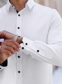 Manfinity Bizformal 男士休闲百搭长袖衬衫，适合通勤，秋季 - 白色 - 查看 4