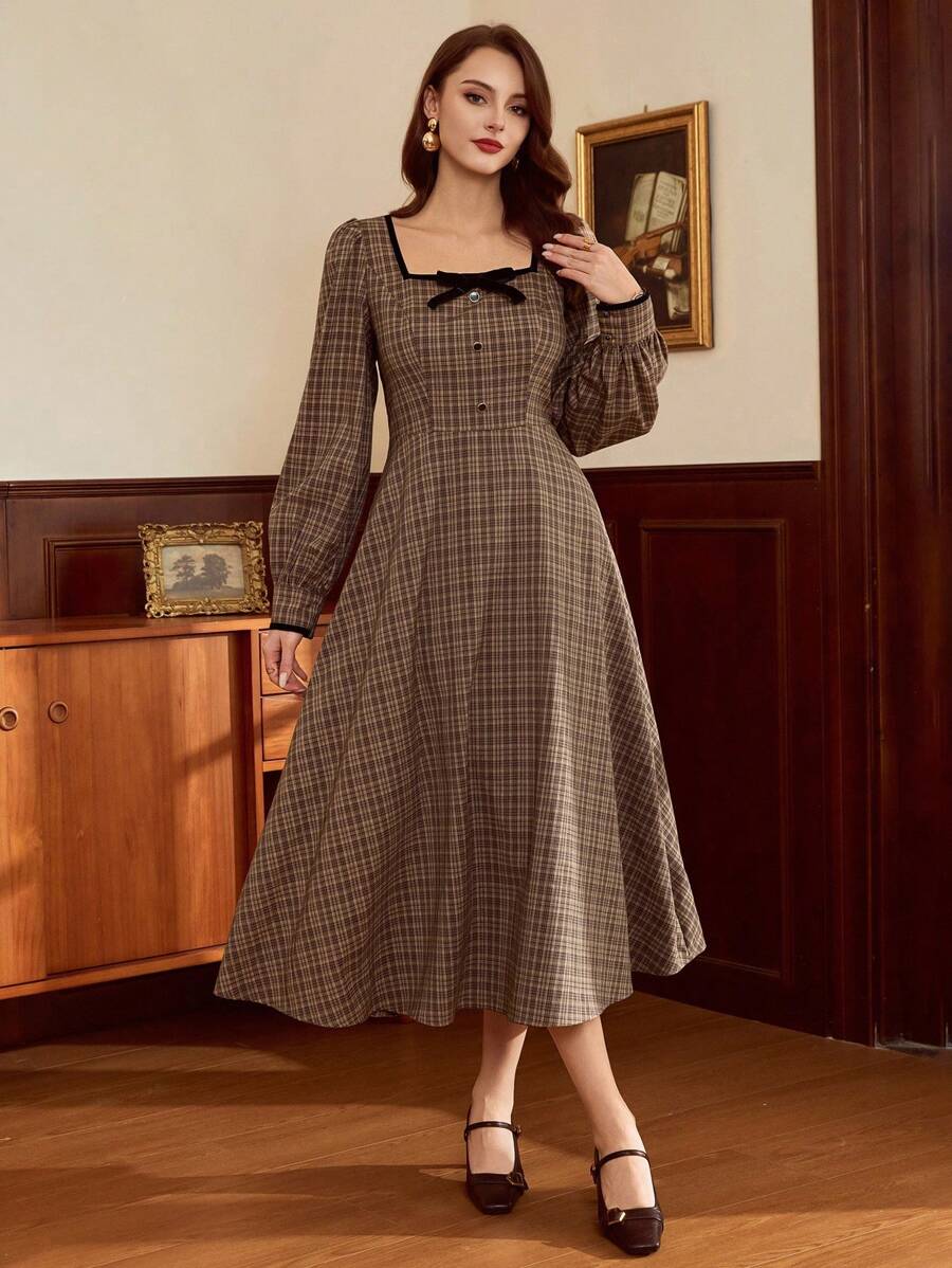 Vintamour Váy cổ điển thanh lịch dành cho nữ, váy cổ vuông viền tương phản ôm sát mùa xuân/hè, váy cài nút nơ, váy xòe tay dài, váy kẻ caro màu cà phê