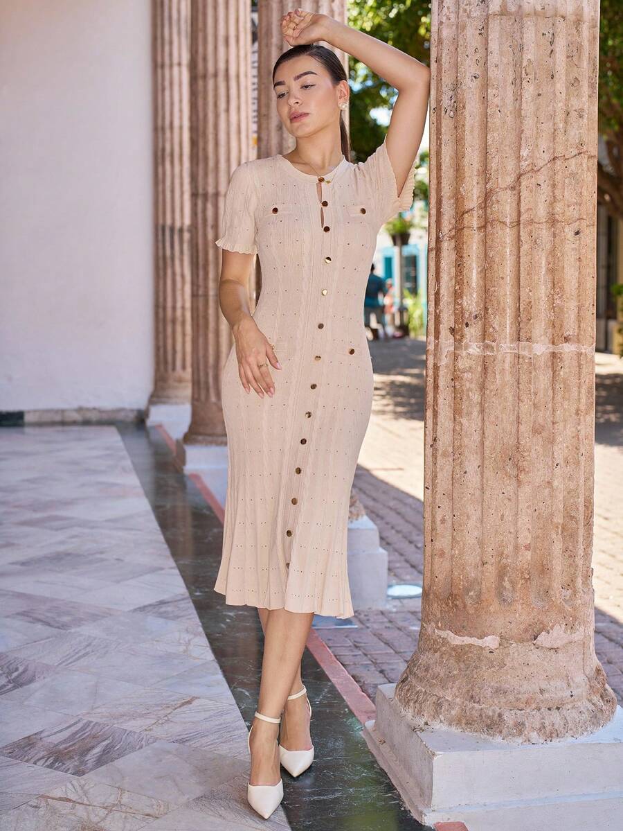 Andrea Bello Vestido elegante de mujer de punto perforado plisado tipo cola de sirena, color "Old Money", modesto, vestido de invitada de boda, atuendo de primavera - Albaricoque - Ver 1