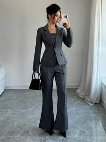 Selianne 3 件套女士优雅魅力套装：翻领夹克、吊带背心和喇叭裤，适合秋季 - 灰色 - 查看 4