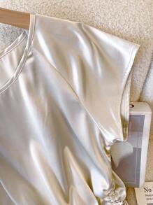 Franclia 女式优雅圆领插肩短袖弹力缎面抽绳下摆衬衫，春夏 - 杏色 - 查看 4