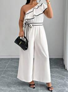 Elenzga Plus Size Women's Ruffled Shoulder Patchwork Wide Leg Loose Jumpsuit - Apricot - View 6