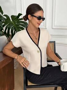 Serisse Women's Ribbed V-Neck Short Sleeve Single-Button Loose Knit Top, Fall Women Clothes, Back To School, Teacher Outfits For Women ,Business Casual Woman, Women's Solid Color V-Neck Button Decorated Elegant Fashion Vest,   Tops Business  Sasual Woman Commuter Simple Temperament Office Summer Vest Apricot Elegant Going Out Tops Women, Tops For School - Apricot - View 5