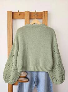 SHEIN LUNE 女士休闲纯色镂空针织开衫 - 綠色 - 查看 2