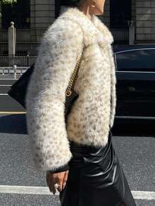 DAZY 女士宽松休闲人造毛皮夹克，豹纹街头风格优雅人造毛皮大衣冬季 - 米色 - 查看 9