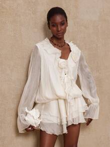 Lumalex VITNOS 秋冬聚会宴会端庄老钱风骚闪光节日派对狂欢节郊游度假热门户外丰富层次婚礼季宴会 VITNOS 女式纯色 3D 花卉装饰前系带长袖时尚迷你连衣裙 - 杏色 - 查看 2