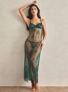 Charlaine Ladies' Mesh Embroidery Sexy Slip Babydoll Lingerie Dress & Thong Set - Dark Green - View 4