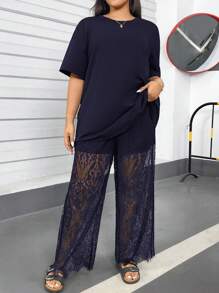 SHEIN Essnce 大码女装春夏时尚流行休闲宽松舒适日常黑色T恤和蕾丝阔腿裤修身两件套，裤子套装，街头服饰，女装夏季服装，Y2k服装，狂欢服装，乡村音乐会服装，外出服装，哥特，蕾丝套装 - 藏蓝色 - 查看 3