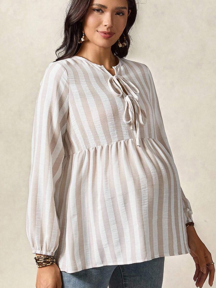 Boho Mama Pregnant Women Striped Front Tie Long Sleeve Ruffle Hem Casual Blouse - Khaki - View 1