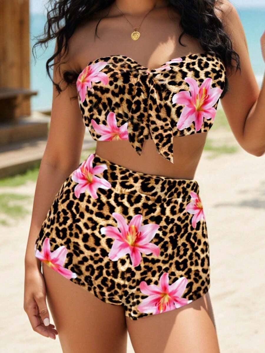 SHEIN EZwear 2 件女士夏季休闲豹纹和花卉印花套装 - 彩色 - 查看 1
