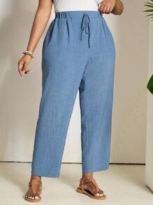 SHEIN PETITE CURVE Plus Size Solid Color Casual Trousers With Elastic Waist And Diagonal Pockets Women Pants Elastic Waist Pants, Suitable For People Of Shorter Stature,Business Casual Woman, Wearable In All Seasons - Dusty Blue - View 4