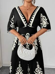 Elenzga 复古休闲度假风褶皱无袖抽绳腰褶长裤连体裤，黑色，加大码，春夏秋季 - 黑色 - 查看 5