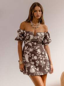 Aralina 女士休闲花卉印花露肩迷你度假连衣裙 - 咖啡棕 - 查看 9