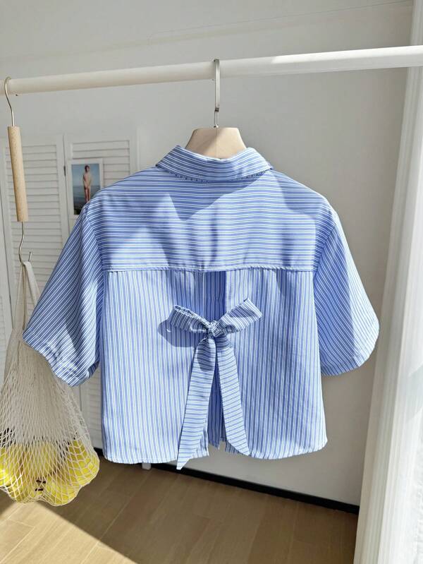 Comfortcana Blue And White Striped Casual Women Shirt,Going Out Tops,Back To School