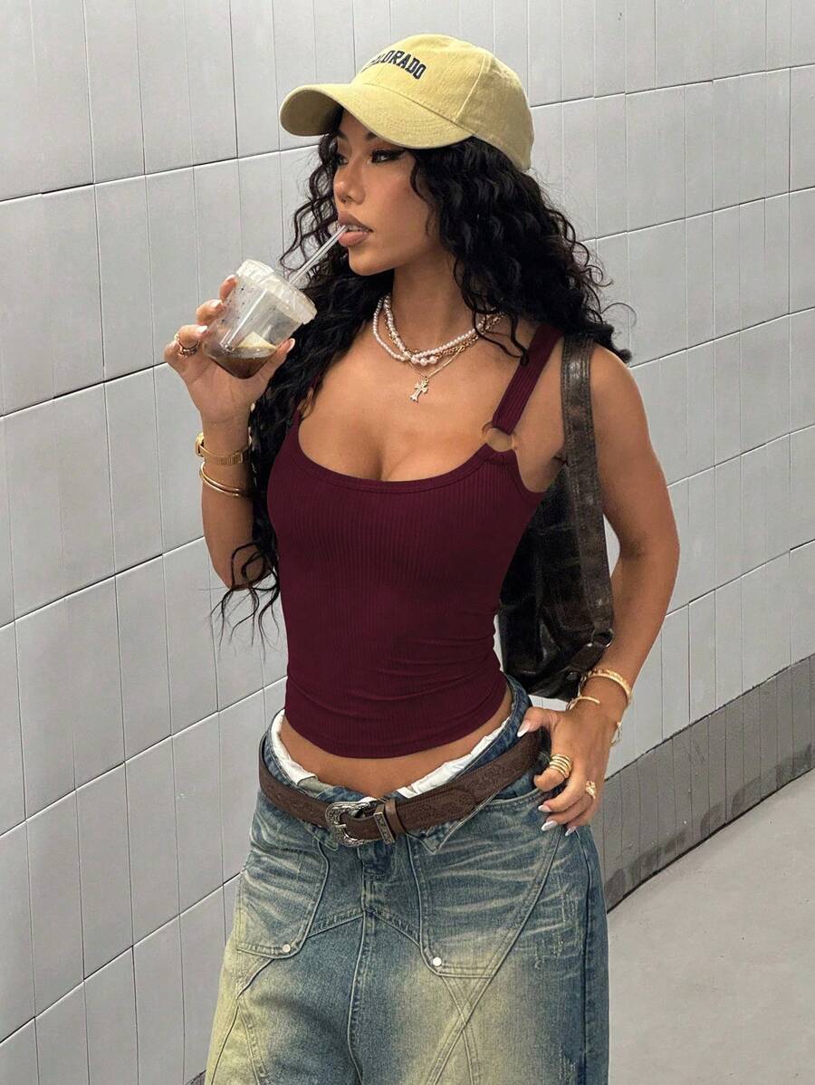 StreetHx 女款春夏橄榄绿罗纹扣装饰 Y2K Baddie 街头风海滩度假吊带背心 - 中紫紅色 - 查看 1