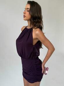 Aloruh Damen elegantes einfarbiges Neckholder-Minikleid, Sommer - Babyblau - Übersicht 6