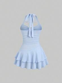 Sweetra Women's New Spring & Summer Suitable For Beach Vacation Elegant Textured Fabric Halter Neck Tie Front Ruched Metallic Decor Tiered Ruffle Hem Playful Mini Dress - Blue - View 2
