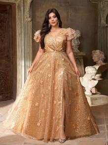 Aureia Plus Size Elegant Romantic Khaki Deep V Neck Ruffle Flutter Sleeve Luxury Sequins Patchwork A-Line Evening Gown, Formal Maxi Dress - Khaki - View 4
