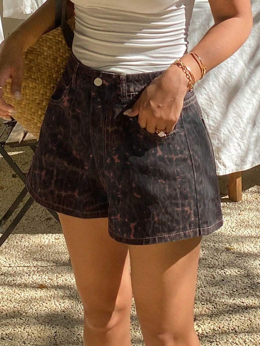 Livesso 夏季新款宽松休闲豹纹女牛仔短裤 - 粉色 - 查看 1