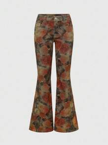 ROMWE Vintage Hippie Floral All-Over Print Y2K Super Low Waist Fitted Women Flare Jeans - Multicolor - View 1