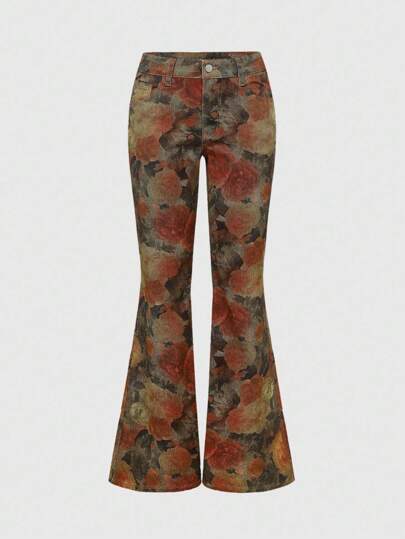 Jeans évasés pour femmes à taille très basse avec imprimé floral hippie vintage tout-sur-tout de style Y2K