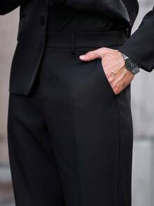 Manfinity Bizformal 男士翻領長袖夾克與長褲休閒黑色西裝套裝，辦公室穿搭、儀式、正式 - 黑色 - 查看 6