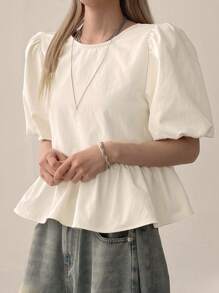 DAZY Women's Casual Solid Color Puff Sleeve Round Neck Tie Back Blouse, Summer