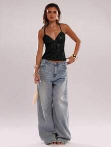 SHEIN BAE 女士夏季亮片花卉精致优雅吊带背心 - 黑色 - 查看 5