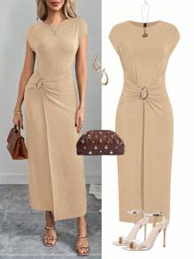 Ellevyn Plus Size Women Elegant Round Neck Metal Button Decor Twist Waist Long Dress, Suitable For Work And Everyday Wear - Khaki - View 1