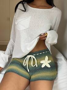 Aloruh 女士度假休闲渐变 3D 花卉装饰针织短裤夏季夏季女士海滩度假度假女士波西米亚风热带度假女士服装音乐会女士狂欢节乡村音乐会伊比沙岛纳什维尔西部服饰女士西部波西米亚风街头服饰热带辣妹 - 淺藍色 - 查看 6