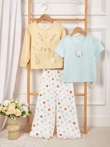 Bộ 3 món đồ mặc nhà in hình thỏ và trái tim dễ thương cho bé gái, áo cổ tròn dài tay + áo tay ngắn + quần - Nhiều màu - Xem 6