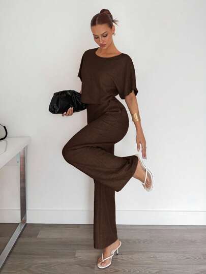 Siren Gaze 2pcs Women Solid Color Pleated Shirt And Pants Casual Suit Brown Summer Casual Brown